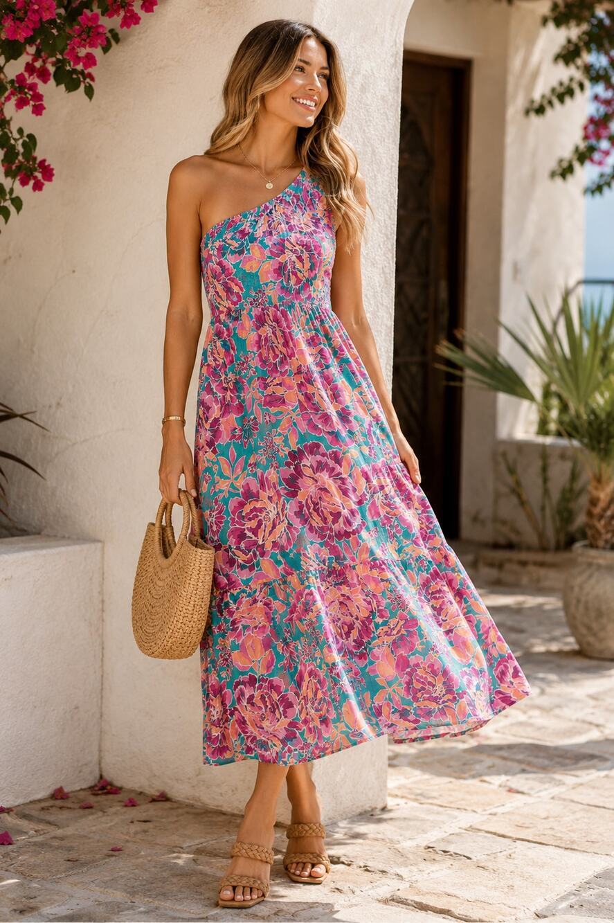 Zcsia One Shoulder Floral Midi Dress Smocked Teal Pink Boho Size Small